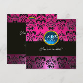 PINK FUCHSIA BLACK DAMASK MONOGRAM, blauer Saphir Einladung (Vorne/Hinten)