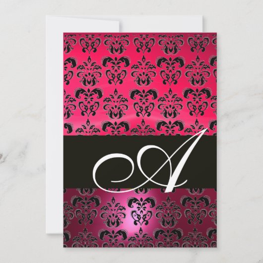 PINK FUCHSIA BLACK DAMASK MONOGRAMM, hell weiß Einladung (Vorderseite)