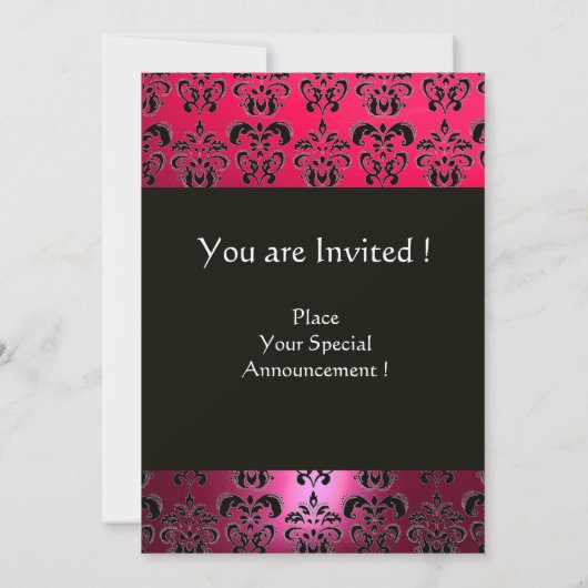 PINK FUCHSIA BLACK DAMASK MONOGRAMM, hell weiß Einladung (Rückseite)