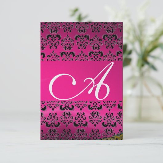 PINK FUCHSIA DAMASK GEM MONOGRAM lila uAwg Einladung (Stehend Vorderseite)