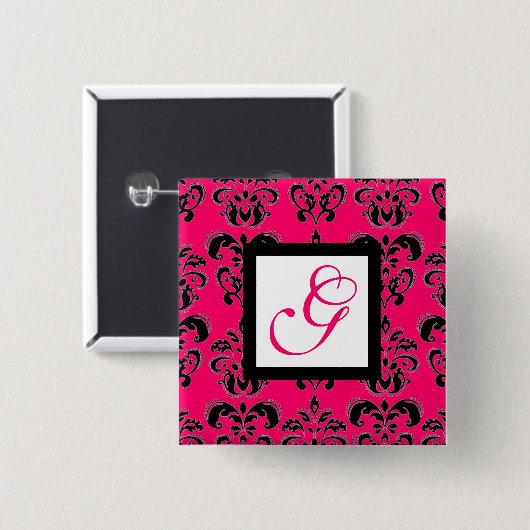 PINK FUCHSIA DAMASK WHITE SQUARE MONOGRAMM BUTTON (Vorne & Hinten)