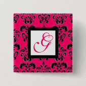PINK FUCHSIA DAMASK WHITE SQUARE MONOGRAMM BUTTON (Vorderseite)