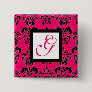 PINK FUCHSIA DAMASK WHITE SQUARE MONOGRAMM BUTTON