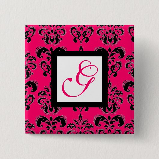 PINK FUCHSIA DAMASK WHITE SQUARE MONOGRAMM BUTTON (Vorderseite)