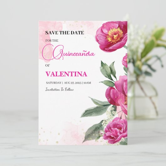 Pink Fuchsia Floral Gold Aquarellfarbe Save The Date (Stehend Vorderseite)
