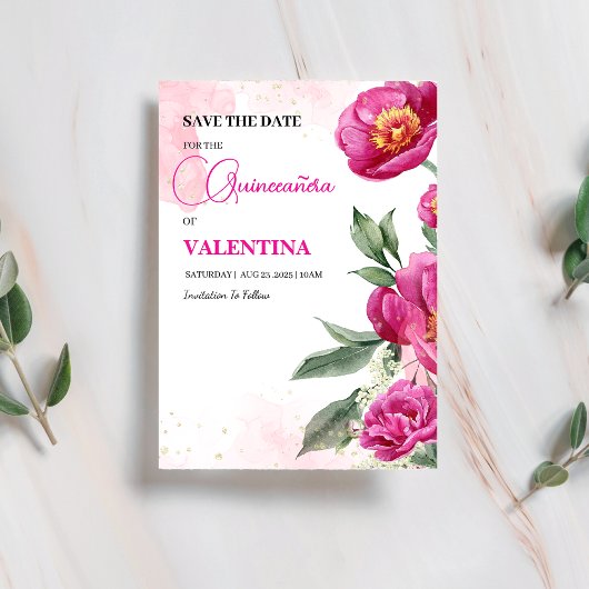 Pink Fuchsia Floral Gold Aquarellfarbe Save The Date