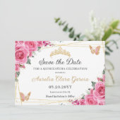 Pink Fuchsia Floral Gold Quinceanera 16 . Geburtst Save The Date (Stehend Vorderseite)