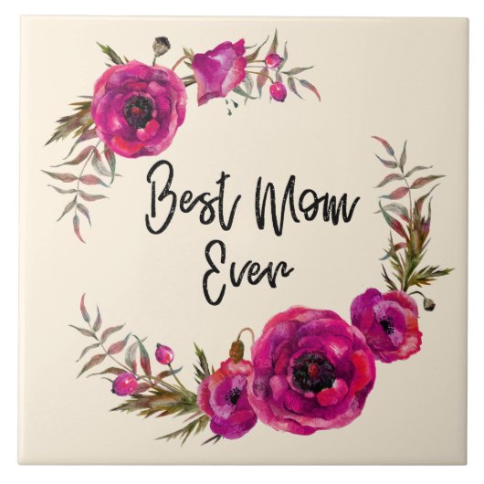 Pink Fuchsia Floral Poppies Wreath Beste Mama je Fliese (Vorderseite)