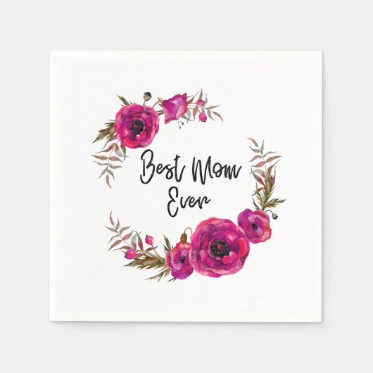 Pink Fuchsia Floral Poppies Wreath Beste Mama je Serviette (Vorderseite)