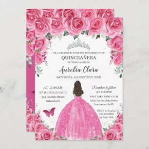 Pink Fuchsia Floral Silver Quinceañera Princess XV Einladung