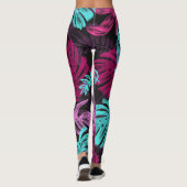 Pink Fuchsia Green Blätter Pattern Leggings (Rückseite)