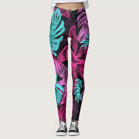 Pink Fuchsia Green Blätter Pattern Leggings (Vorderseite)