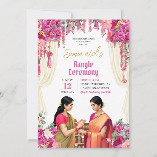 Pink Fuchsia India Bangle Choora Zeremonie Einladung (Vorderseite)