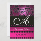 PINK FUCHSIA LILA DAMASK MONOGRAMM Black Save The Date (Vorderseite)