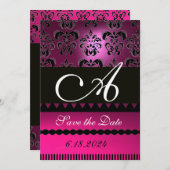 PINK FUCHSIA LILA DAMASK MONOGRAMM Black Save The Date (Vorne/Hinten)