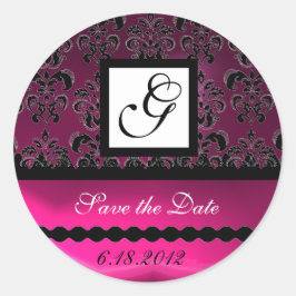 PINK FUCHSIA LILA DAMASK SQUARE MONOGRAM, violett Runder Aufkleber