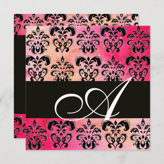 PINK FUCHSIA RED BLACK DAMASK MONOGRAMM, weiß Einladung (Vorne/Hinten)