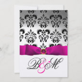 PINK FUCHSIA RIBBON GOLD BLACK DAMASK MONOGRAMM EINLADUNG (Vorderseite)