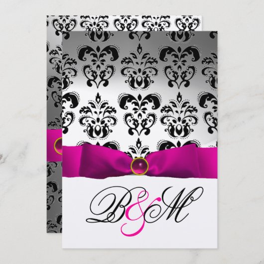 PINK FUCHSIA RIBBON GOLD BLACK DAMASK MONOGRAMM EINLADUNG (Vorne/Hinten)