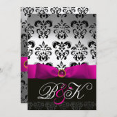 PINK FUCHSIA RIBBON WHITE BLACK DAMASK MONOGRAM EINLADUNG (Vorne/Hinten)