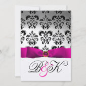PINK FUCHSIA RIBBON WHITE BLACK DAMASK MONOGRAM EINLADUNG (Vorderseite)