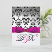 PINK FUCHSIA RIBBON WHITE BLACK DAMASK MONOGRAM EINLADUNG (Stehend Vorderseite)