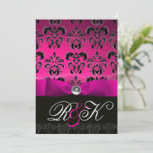 PINK FUCHSIA RIBBON WHITE BLACK DAMASK MONOGRAM EINLADUNG (Stehend Vorderseite)