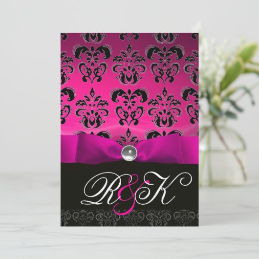PINK FUCHSIA RIBBON WHITE BLACK DAMASK MONOGRAM EINLADUNG (Stehend Vorderseite)