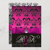 PINK FUCHSIA RIBBON WHITE BLACK DAMASK MONOGRAM EINLADUNG (Vorne/Hinten)