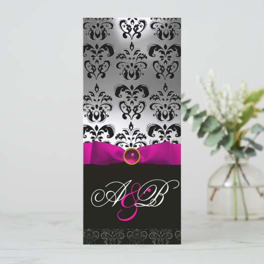 PINK FUCHSIA RIBBON WHITE BLACK DAMASK MONOGRAM EINLADUNG (Stehend Vorderseite)