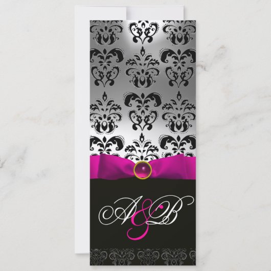 PINK FUCHSIA RIBBON WHITE BLACK DAMASK MONOGRAM EINLADUNG (Vorderseite)