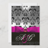PINK FUCHSIA RIBBON WHITE BLACK DAMASK MONOGRAM EINLADUNG (Vorderseite)