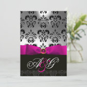 PINK FUCHSIA RIBBON WHITE BLACK DAMASK MONOGRAM EINLADUNG (Stehend Vorderseite)