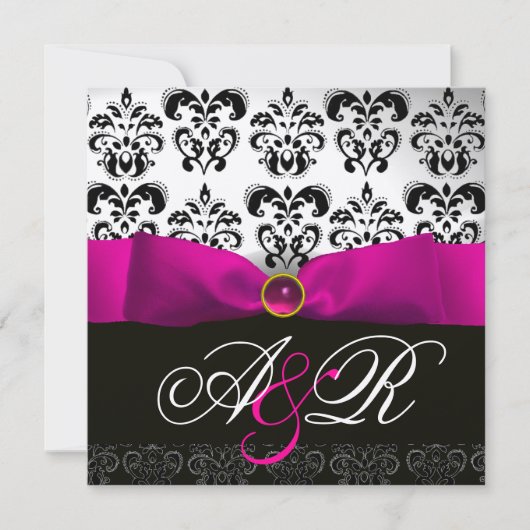 PINK FUCHSIA RIBBON WHITE BLACK DAMASK MONOGRAM EINLADUNG (Vorderseite)