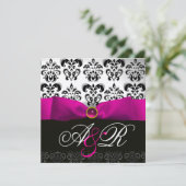 PINK FUCHSIA RIBBON WHITE BLACK DAMASK MONOGRAM EINLADUNG (Stehend Vorderseite)