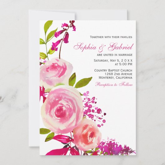 Pink Fuchsia Rose Botanische Blumenhochzeit Einladung (Vorderseite)