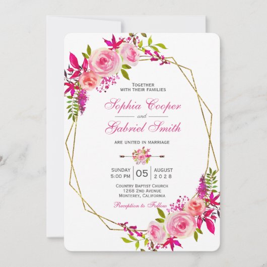 Pink Fuchsia Rose Floral | Gold Frame Wedding Einladung (Vorderseite)
