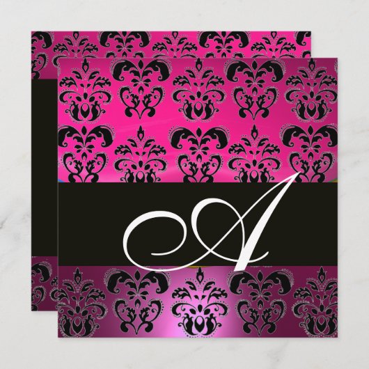 PINK, FUCHSIA SCHWARZ, LILA DAMASK WEISS MONOGRAMM EINLADUNG (Vorne/Hinten)
