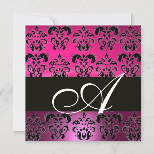 PINK, FUCHSIA SCHWARZ, LILA DAMASK WEISS MONOGRAMM EINLADUNG (Vorderseite)