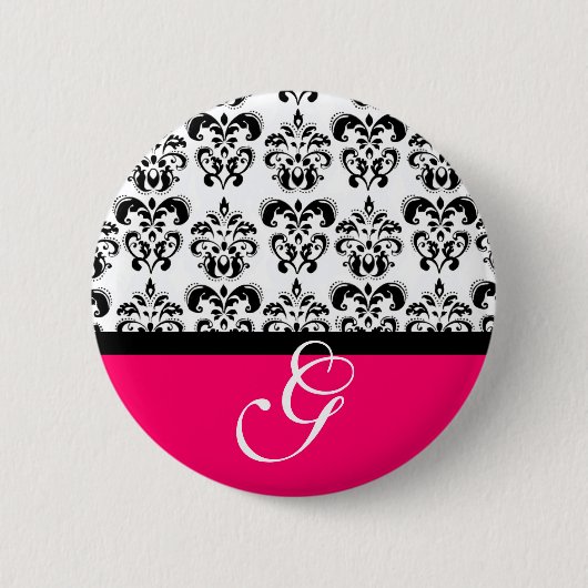 PINK FUCHSIA SCHWARZ-WEISS DAMASK WEDING MONOGRAM BUTTON (Vorderseite)