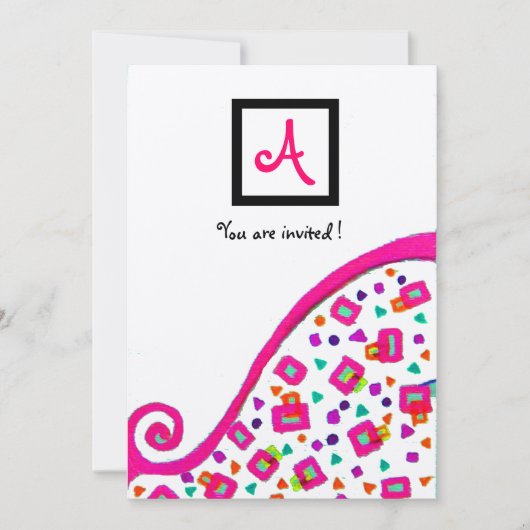 PINK FUCHSIA SILVER ABSTRAKT DEKO SQUARE MONOGRAMM EINLADUNG (Vorderseite)