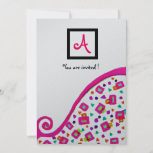 PINK FUCHSIA SILVER ABSTRAKT DEKO SQUARE MONOGRAMM EINLADUNG