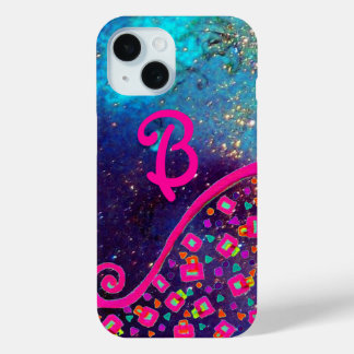 PINK FUCHSIA TURQUOISE BLUE ABSTRAKT DEKO MONOGRAM iPhone 15 HÜLLE