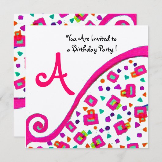 PINK FUCHSIA WHITE ABSTRAKT DEKO SQUARE MONOGRAM EINLADUNG (Vorne/Hinten)