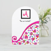 PINK FUCHSIA WHITE ABSTRAKT DEKO SQUARE MONOGRAM EINLADUNG (Stehend Vorderseite)
