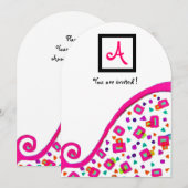 PINK FUCHSIA WHITE ABSTRAKT DEKO SQUARE MONOGRAM EINLADUNG (Vorne/Hinten)
