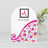 PINK FUCHSIA WHITE ABSTRAKT DEKO SQUARE MONOGRAM EINLADUNG (Stehend Vorderseite)