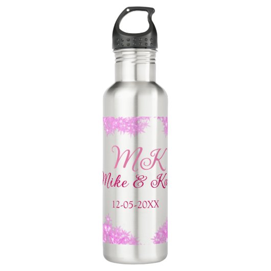 Pink fügen Sie Pärchennamen Datum monogramm Glitze Edelstahlflasche (Vorderseite)