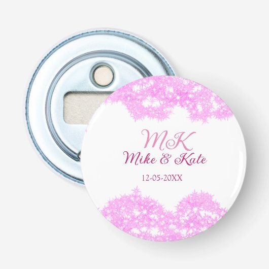 Pink fügen Sie Pärchennamen Datum monogramm Glitze Flaschenöffner (Vorderseite)