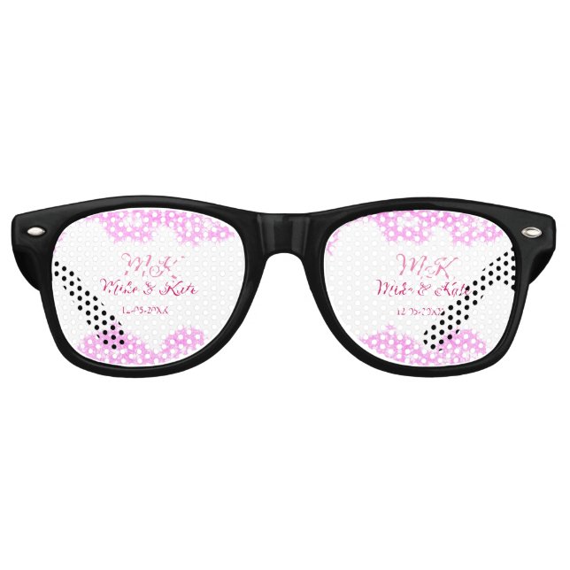 Pink fügen Sie Pärchennamen Datum monogramm Glitze Partybrille (Vorderseite)